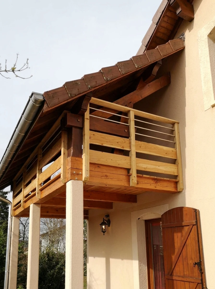Balcon en bois neuf fixé en façade d'une maison, style chalet
