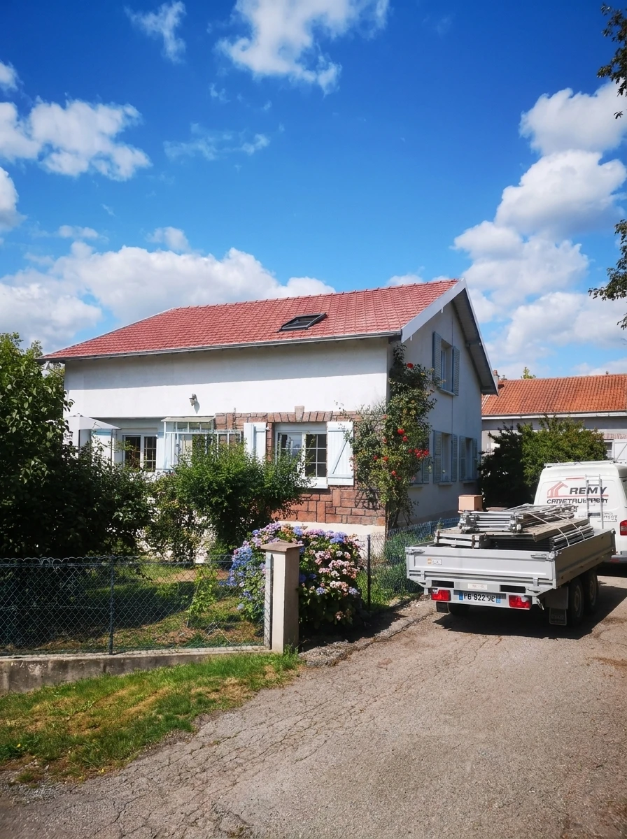 Maison individuelle de style traditionnel français, façade blanche avec volets bleus, toiture en tuiles rouges avec fenêtre de toit type Velux