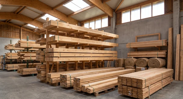 Stockage de matériaux de construction bois en entreposage couvert : poutres apparentes en bois de différentes sections empilées régulièrement, planches de coffrage et madriers rangés par dimensions, rouleaux d'isolation en fibres de bois visibles, quelques paquets de bardage bois prêts à la vente. Éclairage naturel zénithal, sol béton, atmosphère professionnelle d'entrepôt artisanal de négoce de matériaux bois.
