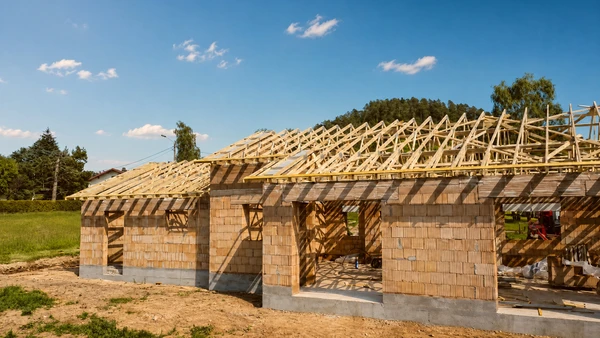 Scène extérieure résidentielle avec carport en bois abritant une voiture noire