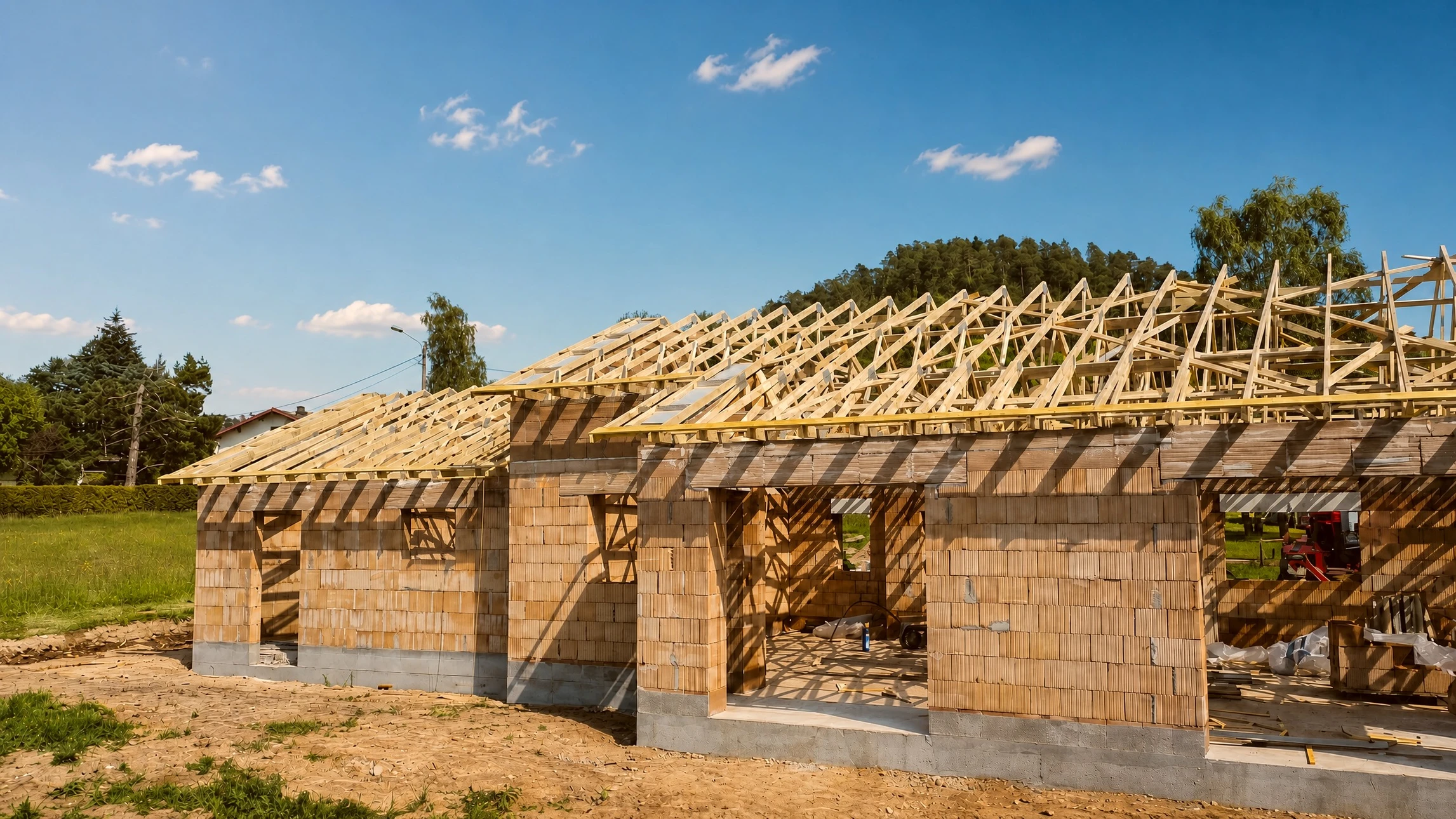 Chantier de construction extérieur avec charpente en bois massif en cours d'assemblage sous ciel bleu nuageux
