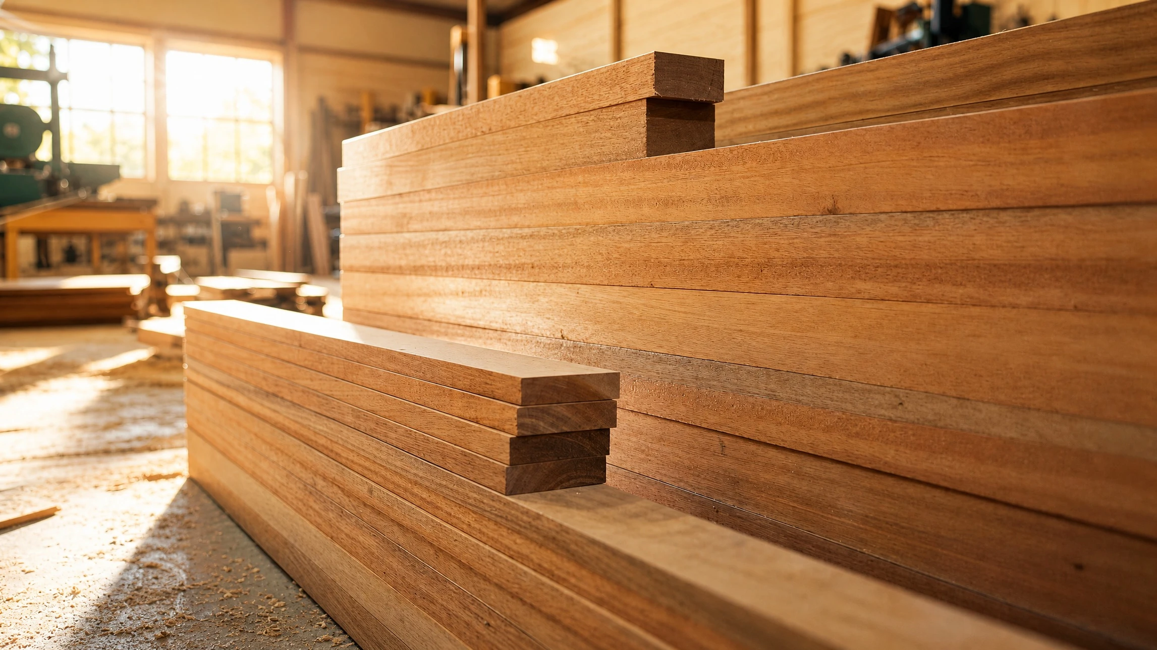 Palettes de madriers en bois massif et poutres de charpente empilées sur une aire extérieure de négoce de matériaux, exposés au jour avec rangement organisé, sous ciel dégagé. Ambiance professionnelle de dépôt de chantier spécialisé.